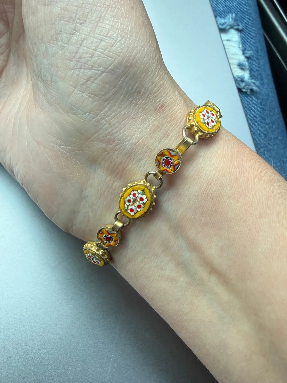 Vintage Italian Micro Mosaic Floral Link Bracelet – Yellow Millefiori Brass